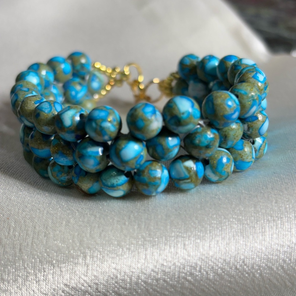 Hand Crafted Blue Gold Turquoise Bracelet 6.5 inches